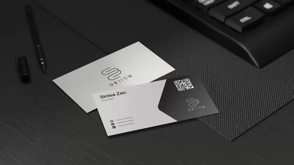 Dark business card front and back and dark table free photoshop mockup 8K resolution